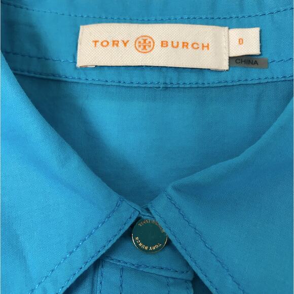 TORY BURCH Brigitte Tab Sleeve Button Up Shirt Sz 0 Blue Classic Office Timeless - Picture 8 of 12